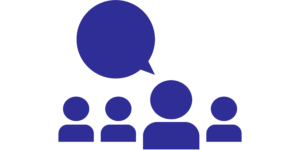 Bild: einfache Darstellung von vier Personen mit einer Spechblase